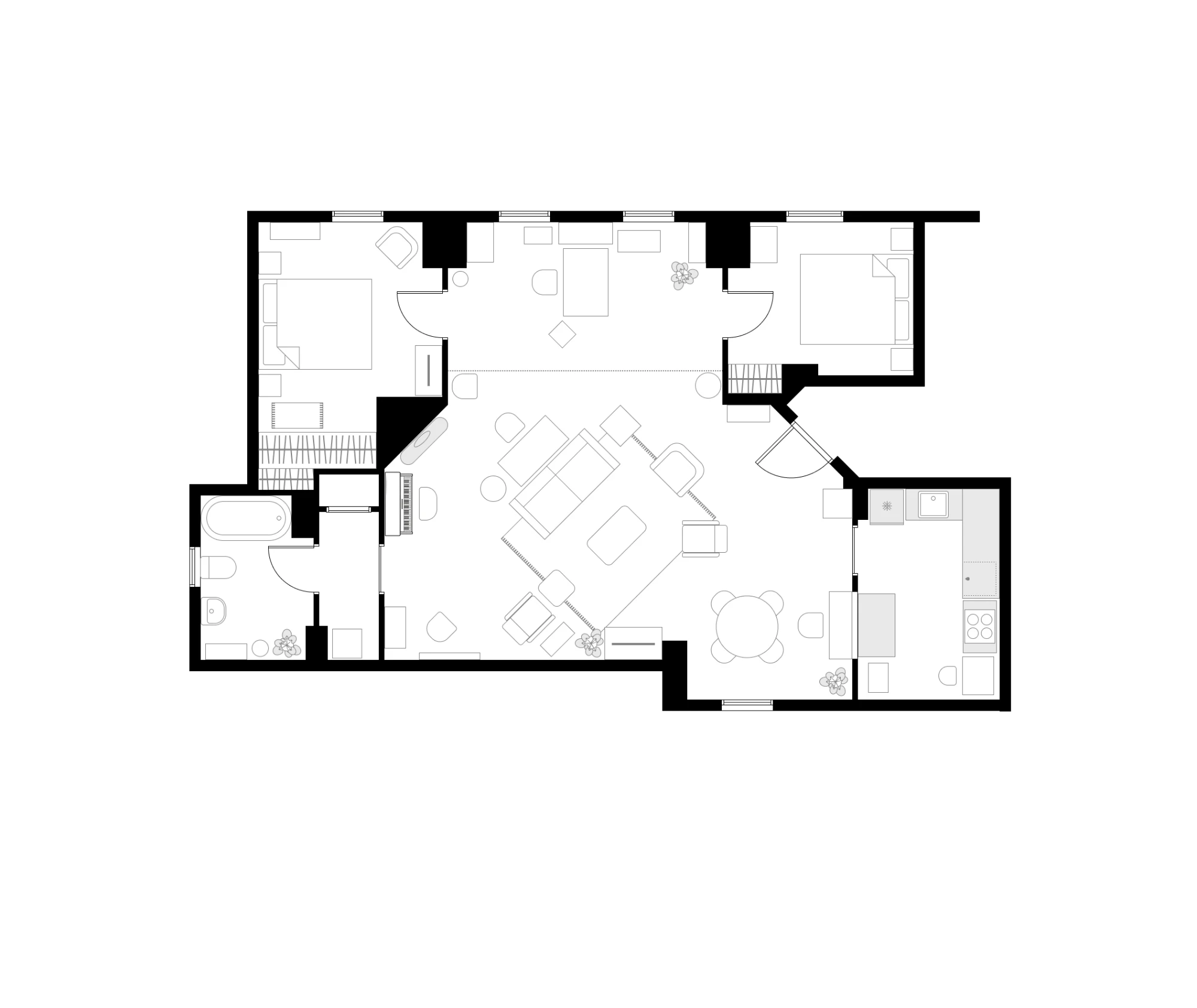 Floor plan of Ted's apartment as shown in the series: two bedrooms top left and right, a bathroom and grand piano at the bottom left, an L-shaped kitchen with a round dining table at the bottom right, and in the middle a sofa and armchairs set on a 45 degree diagonal around a diamond-shaped rug.