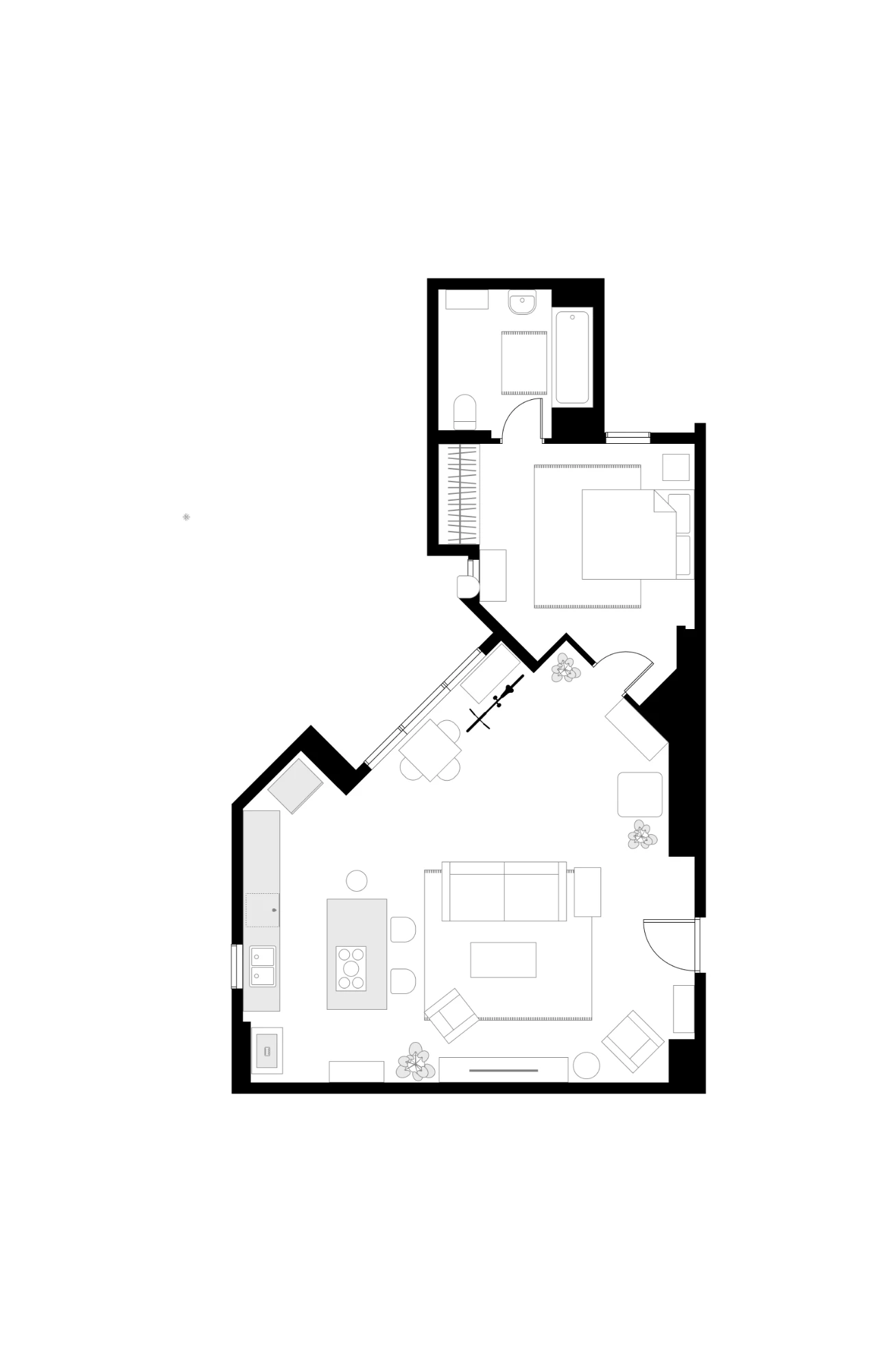 Floor plan of Penny's apartment 4B as shown in the series: bathroom at the top, bedroom with a double bed and closet below it, a diagonal wall dividing the plan, and one large angular room at the bottom holding a galley kitchen down the left edge, a short island with a hob, a round dining table with four chairs under a pendant near the diagonal wall, and a sofa facing a media unit on a rug.
