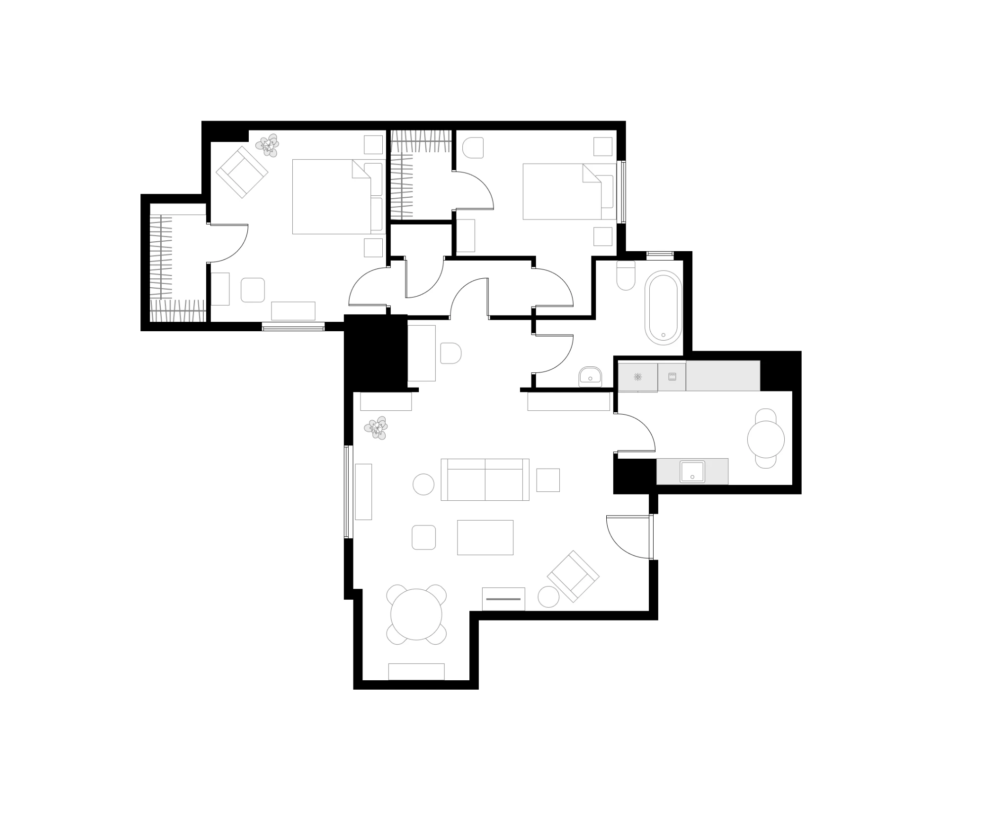 Floor plan of Ross Geller's apartment from Friends as shown in the series: two bedrooms across the top behind a short hall, a bathroom and a galley kitchen with a small round table in its corner down the right side, and one open living space below holding a three seat sofa floating near the middle, a coffee table, a low media unit, an armchair by the entry door, and a round dining table with four chairs pushed into the bottom left corner by the window.