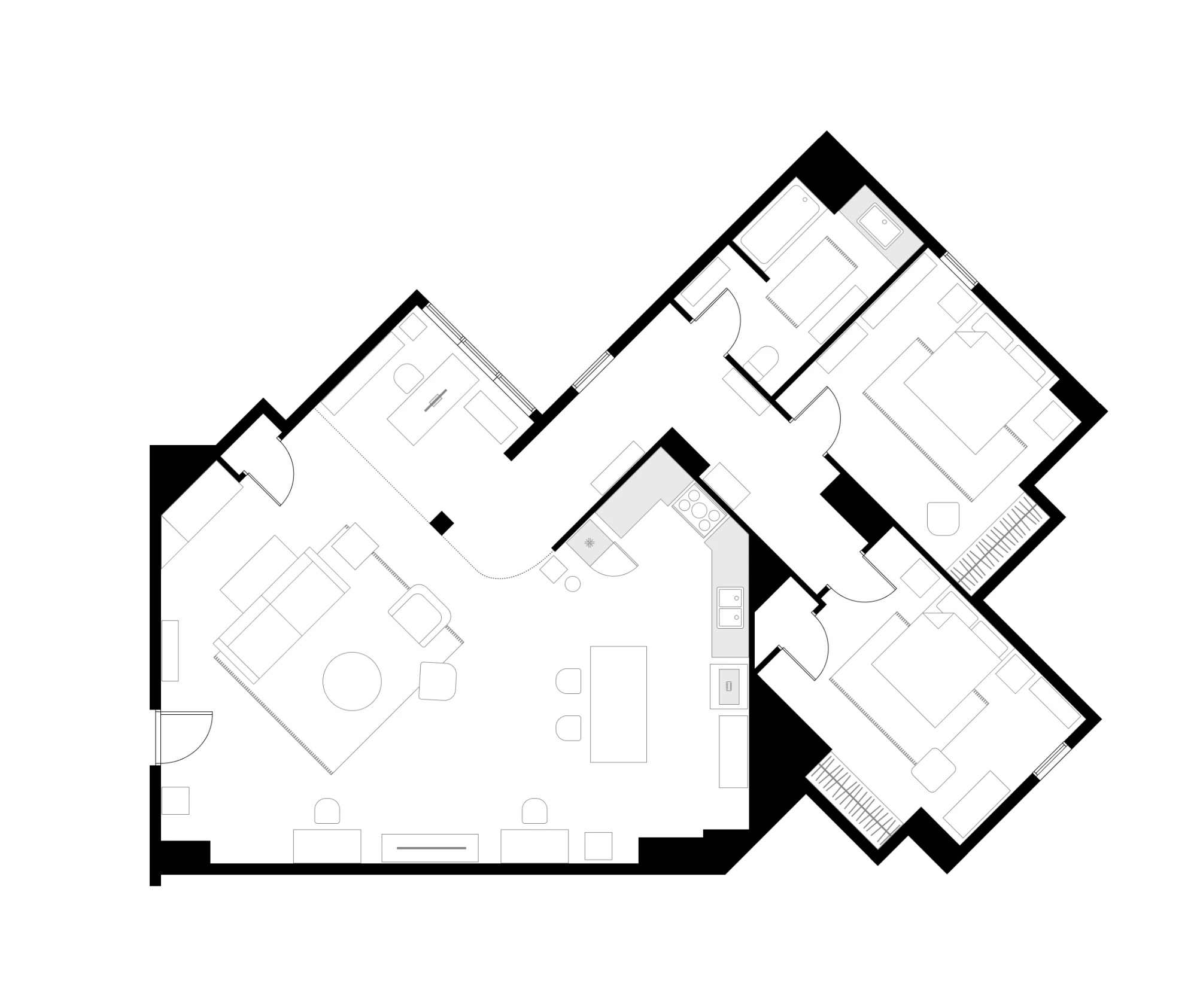 Floor plan of Sheldon and Leonard's apartment 4A as shown in the series: two bedrooms and a bathroom set on the diagonal at the right, a corridor linking them to the living wing, a desk nook under the angled windows at the top left, an L shaped kitchen with a long island and stools in the middle, and a sofa, armchair and round coffee table floating on a rug in the open living space with only low cabinets and a media unit along the bottom wall.